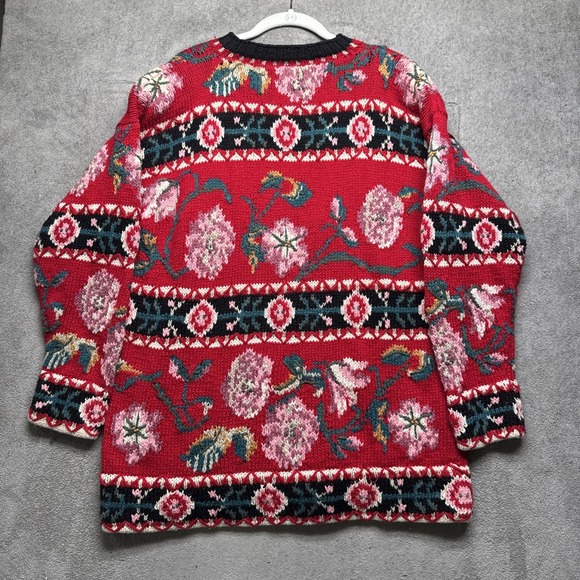 Vintage Hand Knit Red Floral Sweater Fair Isle Cottagecore Women's Medium 90s - Picture 8 of 9